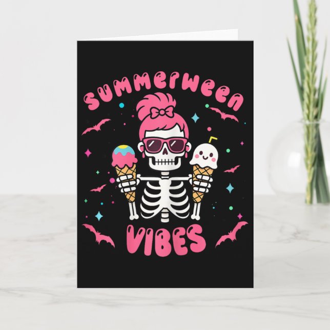 Sommarween-vibbar Skelett Halloween-sommar Rosa H Kort (Framsida)