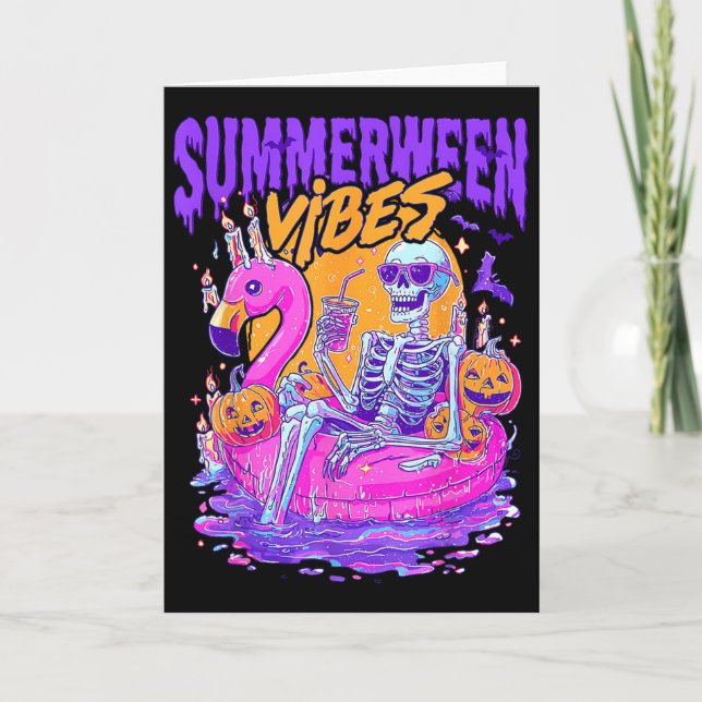 Sommarween-vibbar Skumma skelett Flamingo-poolhal Kort (Framsida)