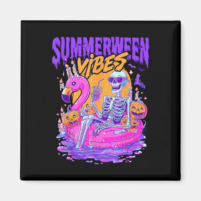 Sommarween-vibbar Spöklik Skelett Flamingo Pool Ha Magnet (Framsidan)