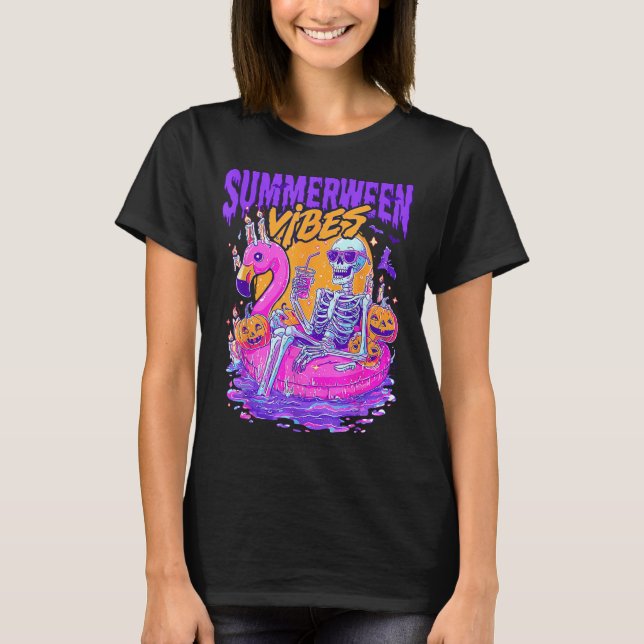 Sommarween-vibbar Spöklik skelettflamingo poolhal T Shirt (Framsida)