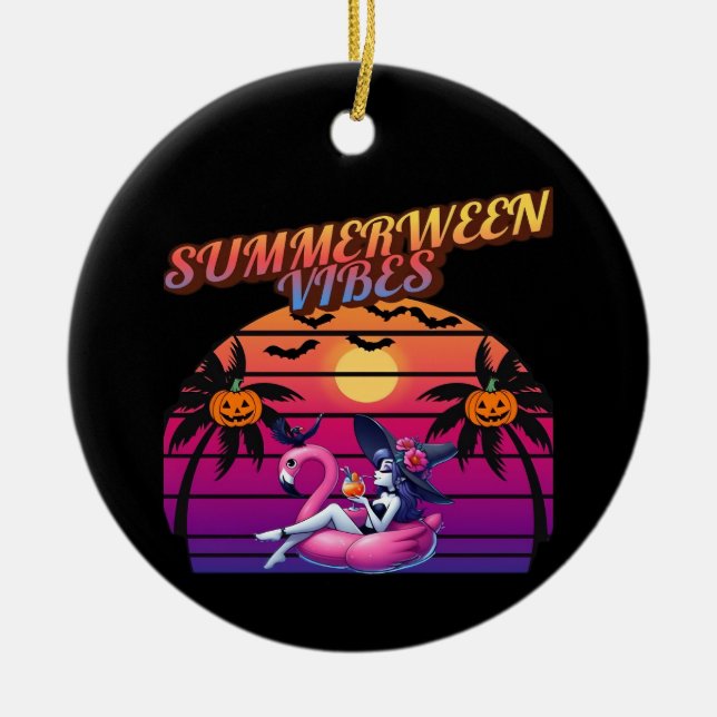 Sommarween Vibes Häxa Flamingo Flotte, Häxa Sommar Julgransprydnad Keramik (Framsidan)