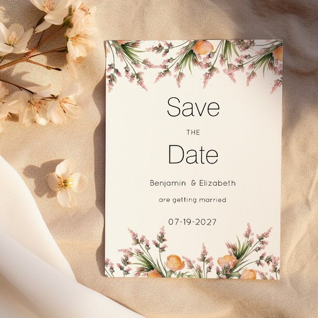 Sommblommor i den botaniska rosan orange Spara dat Inbjudningar (Botanical pink orange summer flowers Save the Date )