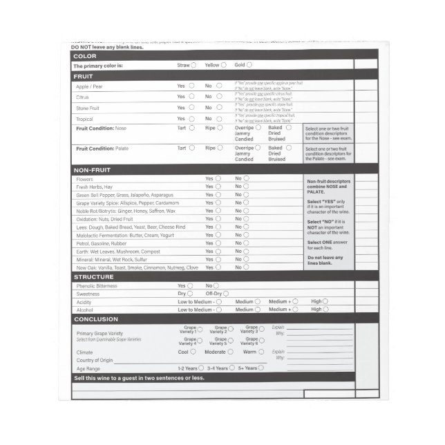 Sommelier Deductive Tasting Grid White Vin Blank Anteckningsblock (Framsida)