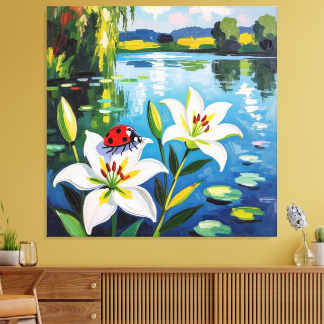 „Sommerglück am See – Marienkäfer auf Lilien“ Canvastryck (Insitu (Vardagsrum))