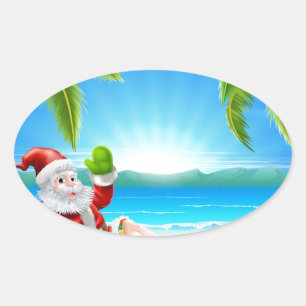 Sommjultomten Beach Scene Ovalt Klistermärke