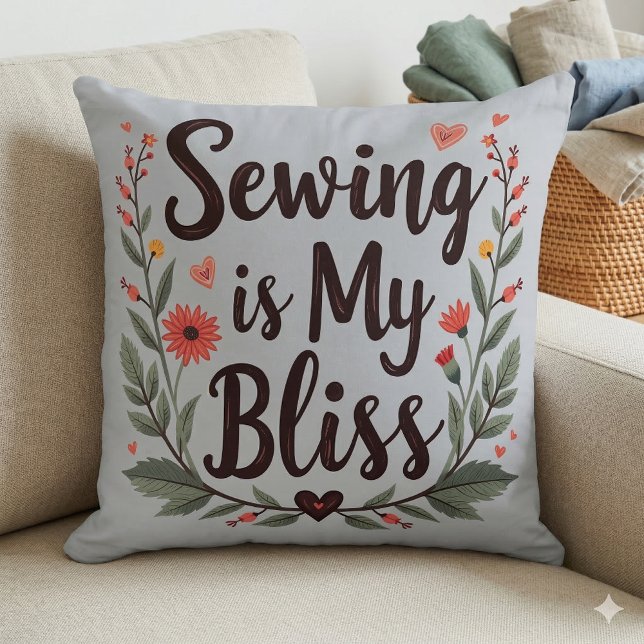 Sömnad Är Min Lycka Blommig Typografi Kudde (Sewing Is My Bliss Floral Typography Throw Pillow Mockup A)