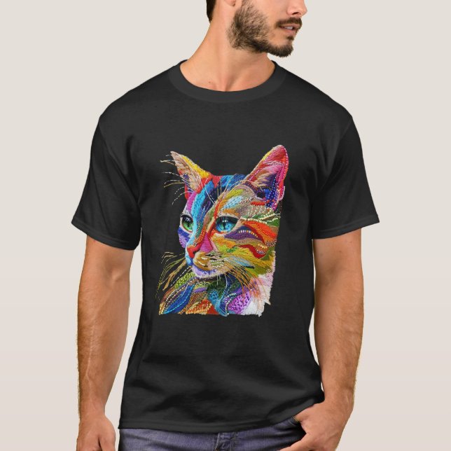 Sömnadstryck - Färgglad Katt T Shirt (Framsida)