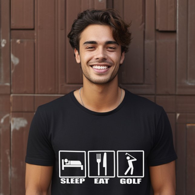 Sömnfett och Golf Funny Golfer Tröja (The Eat Sleep Golf T-Shirt with road sign symbols for eat, sleep, and a golfer in action. )