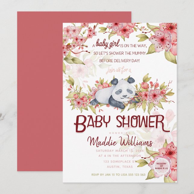 Sömnig Baby Panda Rosa Cherry Blommar Baby Shower Inbjudningar (Fram/baksida)