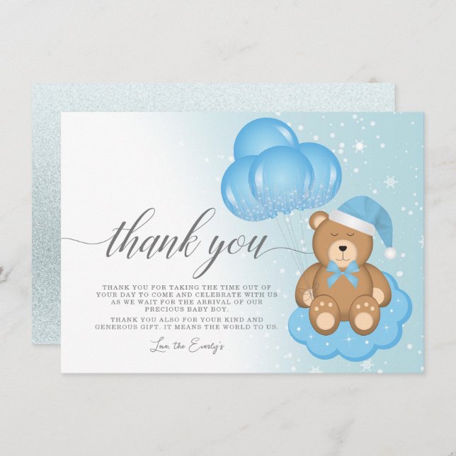 Sömnig Bear Balloon Boy Shower - tackkort Inbjudningar (Fram/baksida)