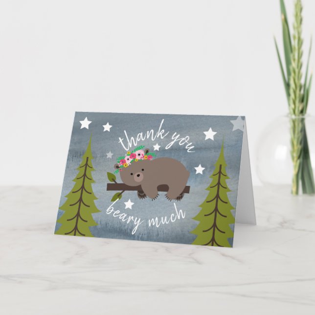 Sömnig Bear Blommigt Tack Stars vattenfärg Kort (Framsida)