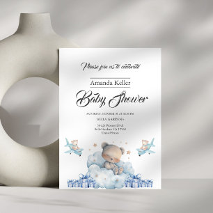 Sömnig Bear & Cloud Blue Baby Shower Inbjudningar