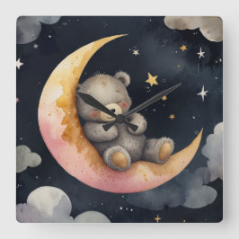 Sömnig Bear på Måne Fyrkantig Klocka