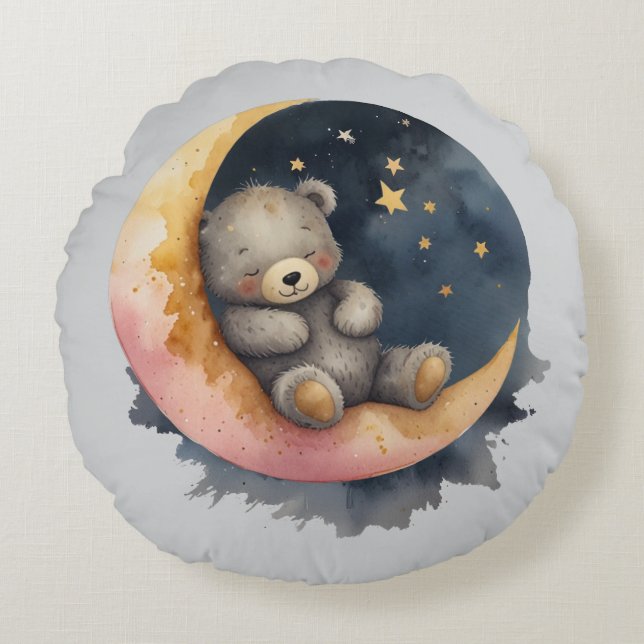 Sömnig Bear på Måne Rund Kudde (Framsidan)