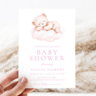Sömnig Bear Rosa Baby Shower Inbjudningar