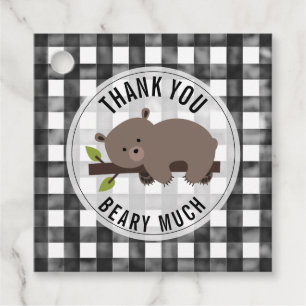 Sömnig Bear Unge Gingham Baby Shower Gåvor Etiketter