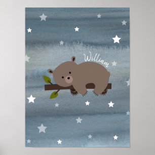 Sömnig Bear Unge Watercolor Baby Nursery Artwork Poster