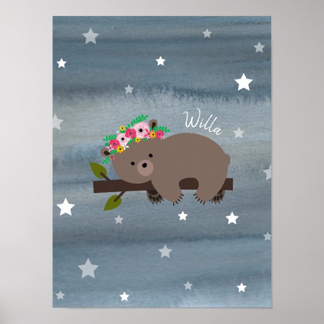Sömnig Bear Unge Watercolor Blommigt Baby Nursery Poster (Framsidan)