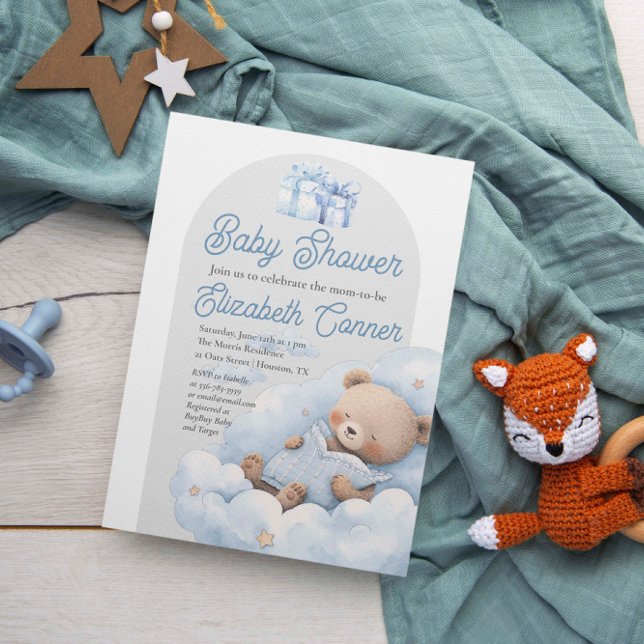 Sömnig Bear Watercolor Pojke Shower-inbjudan Inbjudningar (Sleepy Bear Watercolor Baby Boy Shower Invitation)