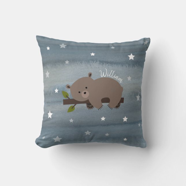 Sömnig Bear Watercolor Stars Kudde (Framsida)