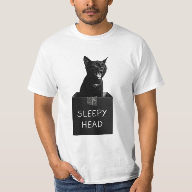Sömnig Black Cat med huvud T Shirt (Framsida)