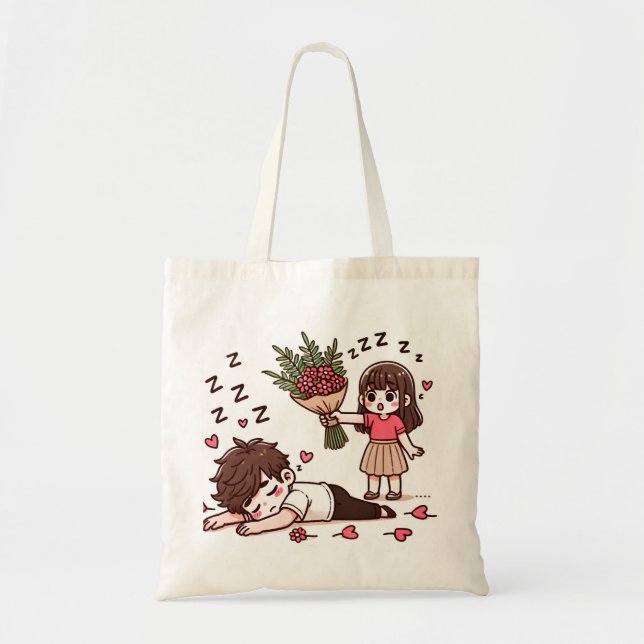 Sömnig Boy and Girl med blommor Tygkasse (Framsidan)