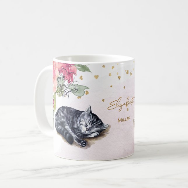 Sömnig Cat Illustration Guld Glitter Girl Anpassni Kaffemugg (Framsida vänster)