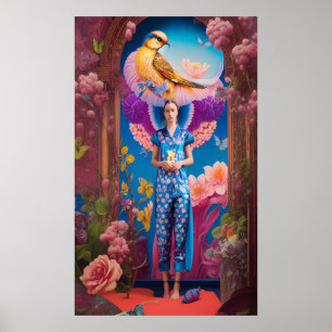 Sömnig dam i blå pyjamas poster