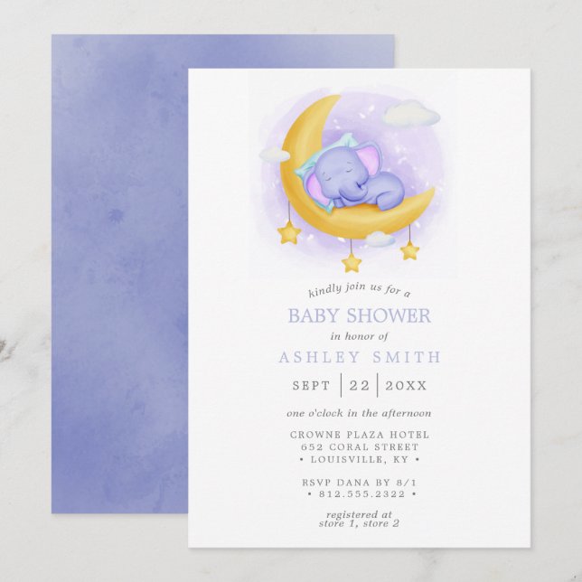 Sömnig Elephant Måne Watercolor Baby Shower Inbjudningar (Fram/baksida)