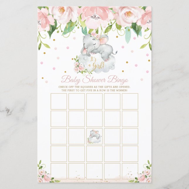 Sömnig Elephant Rosa Blommigt Baby Shower Bingo Ga (Framsida)