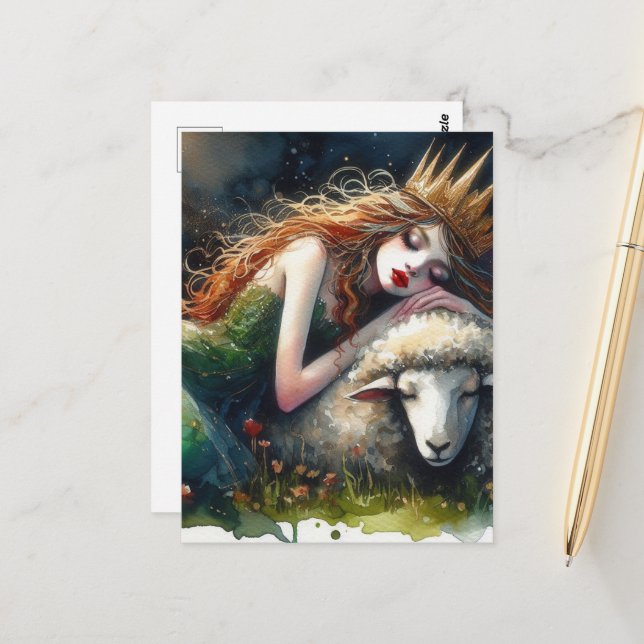 Sömnig Fairy Queen och hennes fårfärgsfärg Vykort (Fram/Back In Situ)