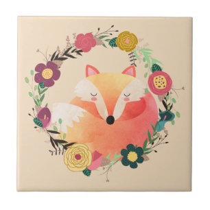 Sömnig Fox i Boho Blommigt Utandning Kakelplatta