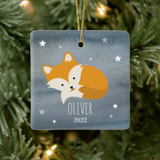 Sömnig Fox Stars Baby Unge Första jul Julgransprydnad Keramik (Träd)