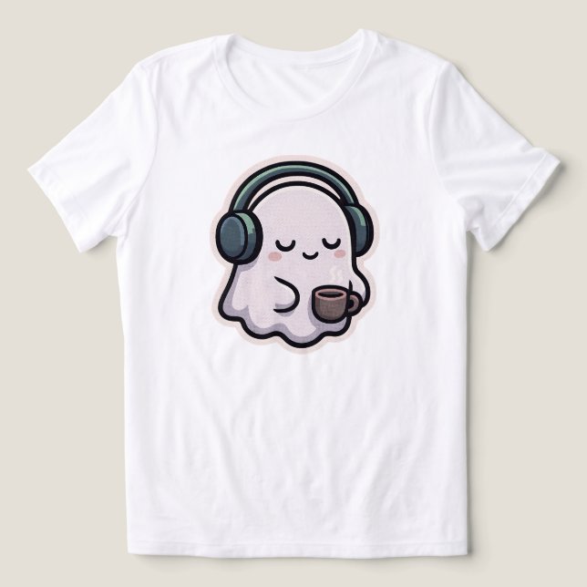 Sömnig Ghost med kaffe - Kawaii | ENDAST VITA T Shirt (Design Framsida)