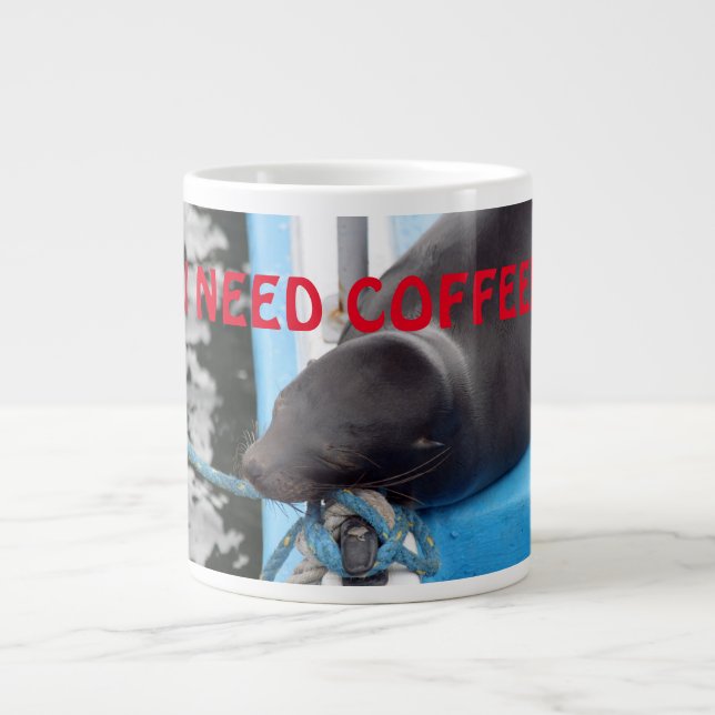 Sömnig Havets Lejona behov kaffe! Jumbo Mugg (Framsidan)