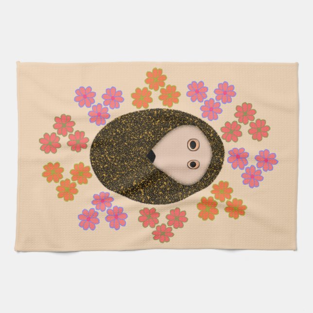 Sömnig Hedgehog and Flowers Kitchen Towel Kökshandduk (Horisontell)