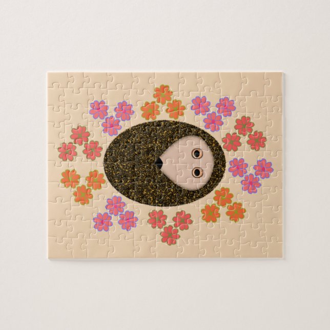 Sömnig Hedgehog and Flowers Puzzle Pussel (Horisontell)