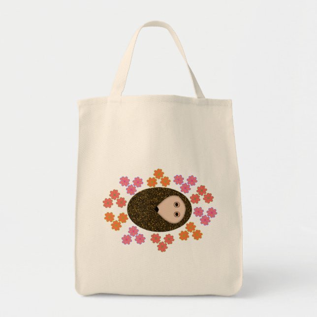Sömnig Hedgehog and Flowers Tote Bag Tygkasse (Framsidan)
