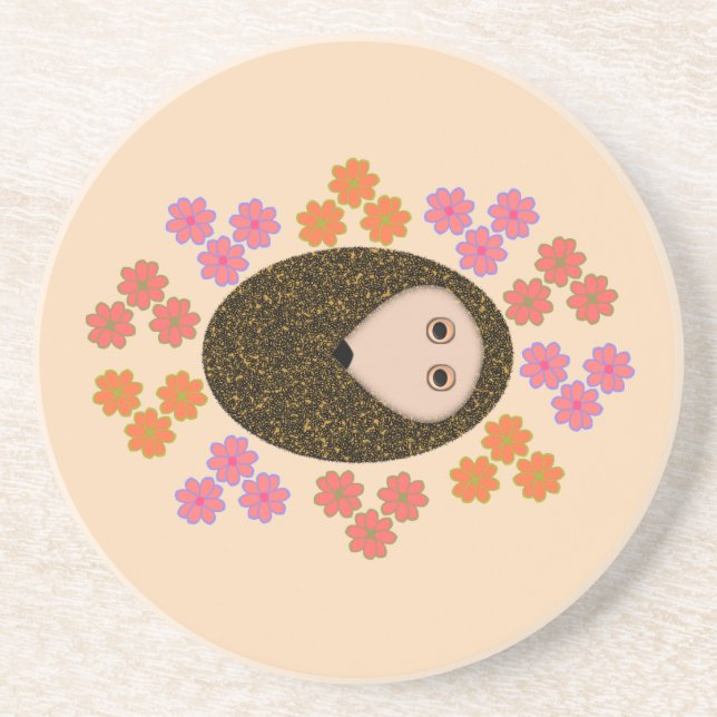 Sömnig Hedgehog and Flowers Underlägg Sandsten (Framsidan)