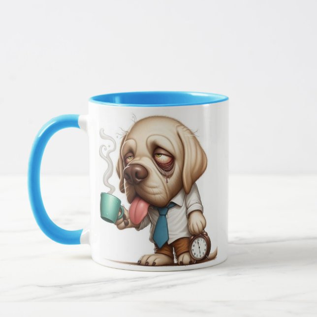 Sömnig hund med kopp kaffe (Vänster)