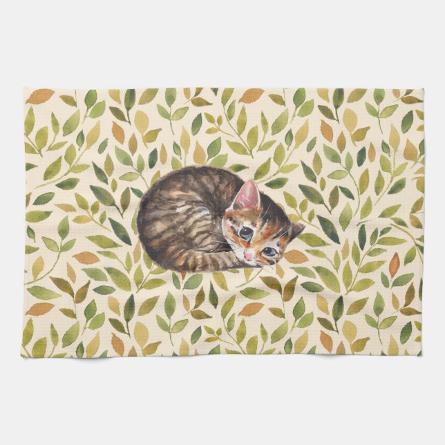 Sömnig katt, blommigtens bakgrund kökshandduk (Horisontell)