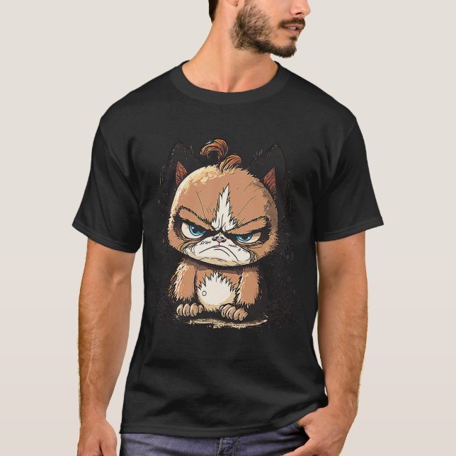 Sömnig Katt Grumpy Tired Need Coffee T Shirt (Framsida)