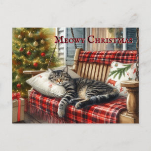 Sömnig katt och julgran vykort