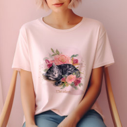 Sömnig Katt och Rosa Flowers Girl T Shirt