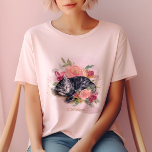 Sömnig Katt och Rosa Flowers Girl T Shirt