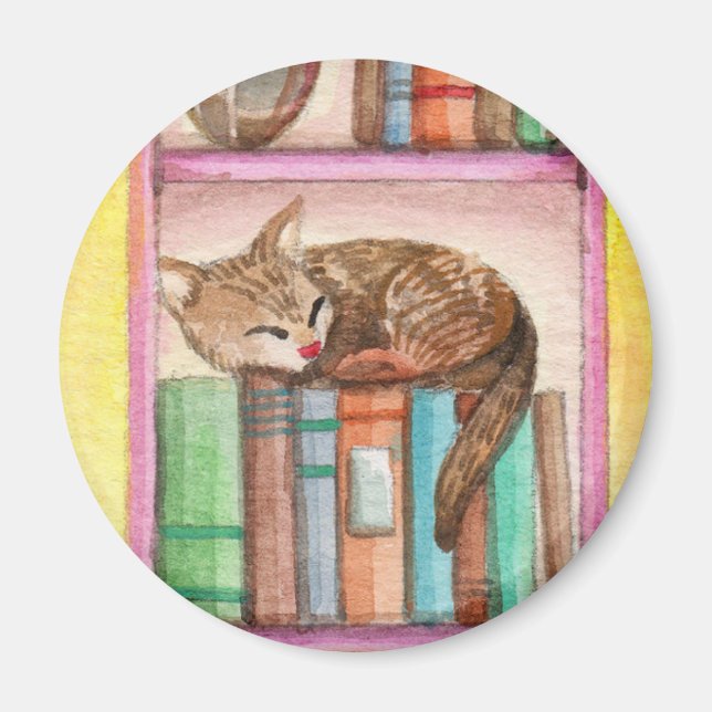 Sömnig Katt på bokhyllan Magnet (Framsidan)