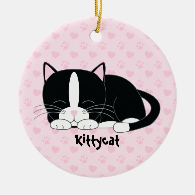 Sömnig Kattunge {Tuxedo Cat}-Anpassningsbarnas orn Julgransprydnad Keramik (Framsidan)