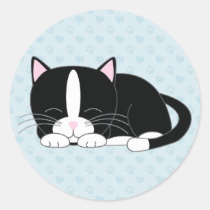 Sömnig Kattunge {Tuxedo} Runt Klistermärke