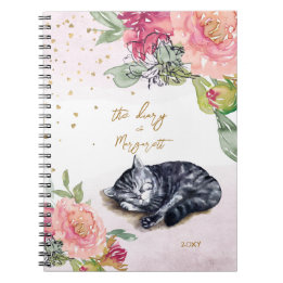 Sömnig Kitten Illustration Flower Girl Daily Diary Anteckningsbok