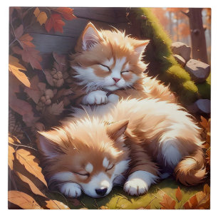 Sömnig Kitten och Puppy Höst löv Porträtt Art Kakelplatta